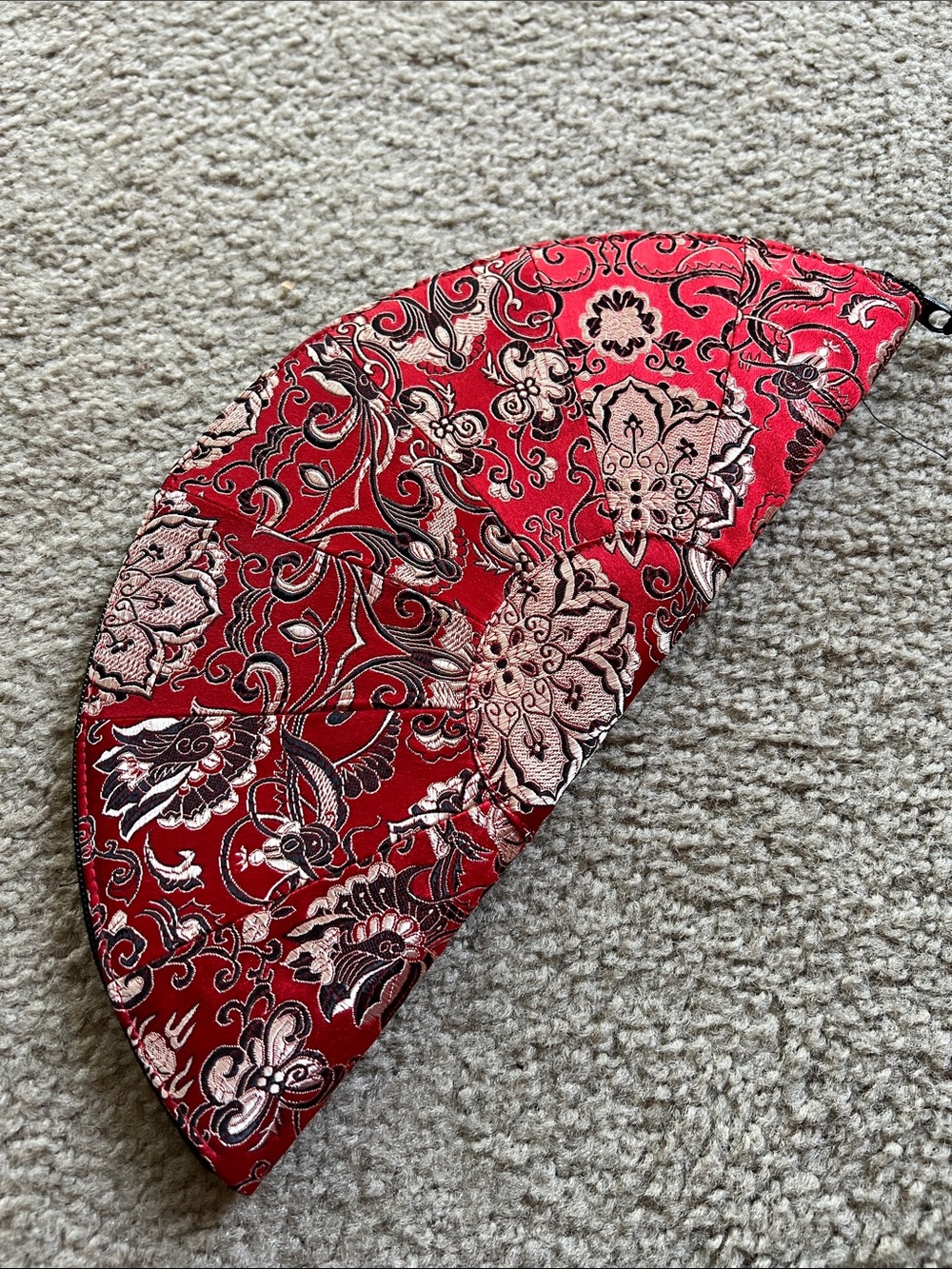 Red Brocade Japan Asian Fan-Shaped Clutch Bag Purse with Floral Motif